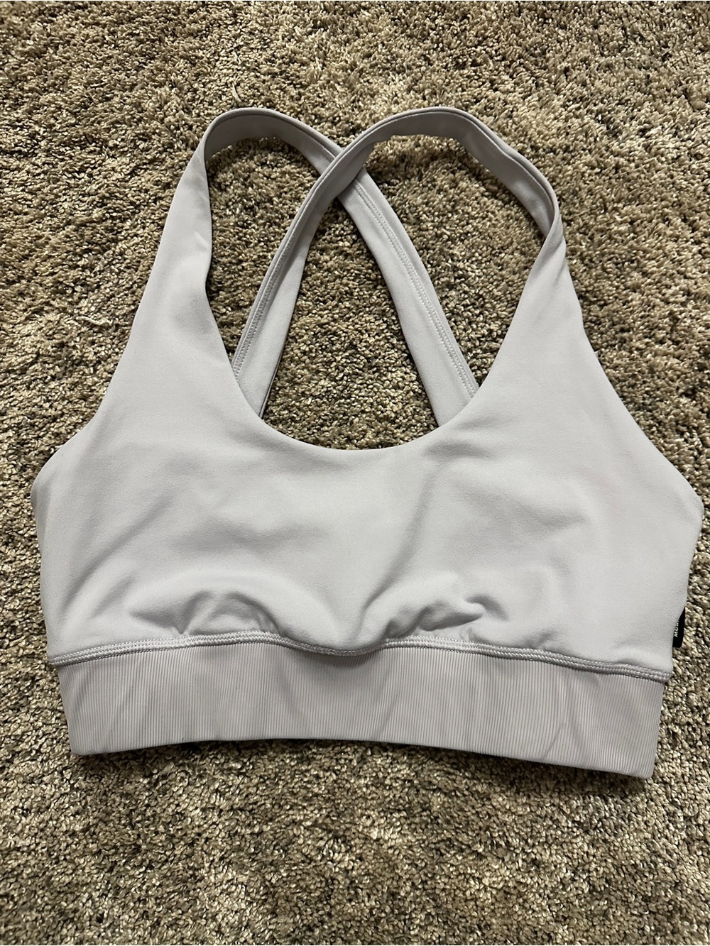 #138 Monrow Light Gray/purple Crisscross Sports Bra size medium, no pads